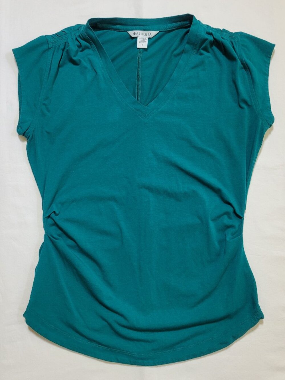 Athleta Outbound V Neck Tee Emerald Green Ruched Cap Sleeve Top Small Athleisure - Picture 2 of 7